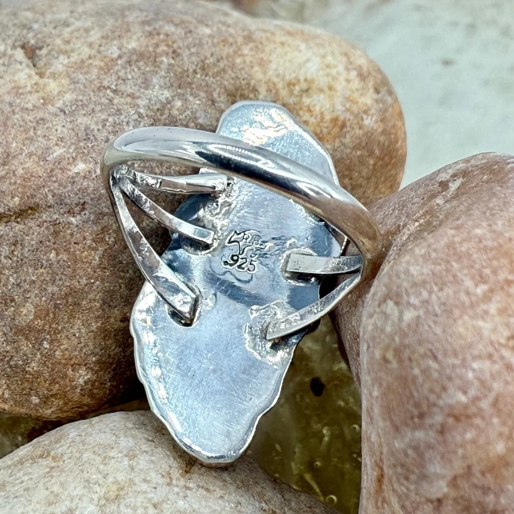 Native American 925 Turquoise Floral & Leaf Ring by Harris Largo – 5.47g